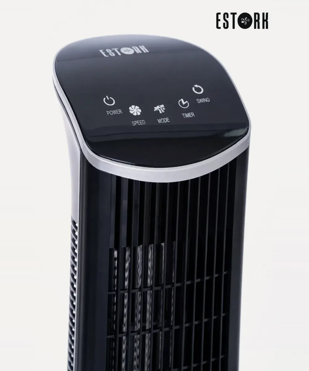 Painel de toque do ventilador ESTORK com os ícones Power, Speed, Mode, Timer e Swing